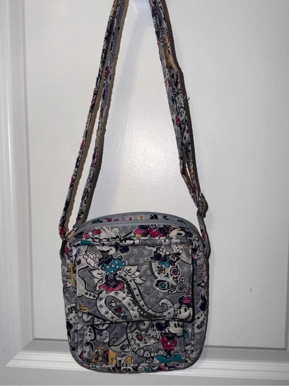 Vera Bradley Gray Minnie & Mickey Quilted Crossbody with Teal and Pink Accents